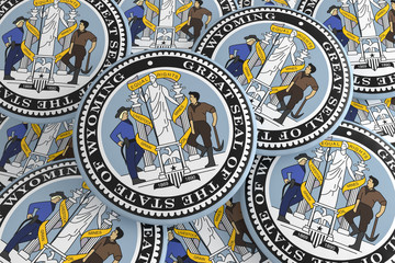 US State Buttons: Pile of Wyoming Seal Badges, 3d illustration