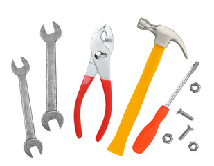 Hammer, screwdriver and wrenches isolated on white