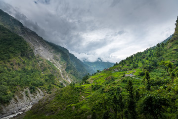 Naklejka na ściany i meble Green valley on Manaslu circuit in Himalaya mountains, Nepal