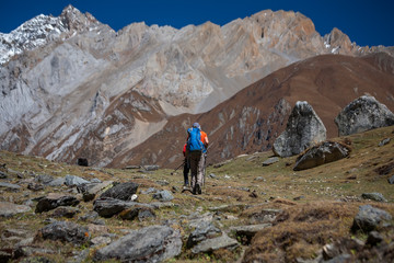 Trekker on Manaslu circuit trek in Nepal