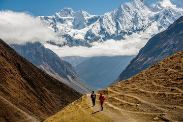 Naklejka na ściany i meble Trekker on Manaslu circuit trek in Nepal