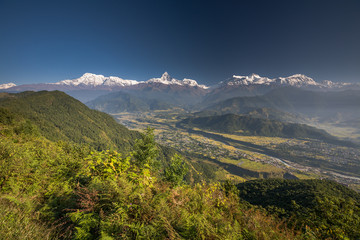 View at Annapurna mountain range from Sarangkot view point near Pokhara in Nepal