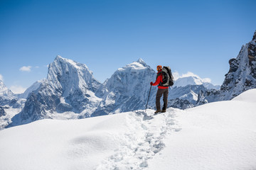 Trekker is walking by Renjo La pass in Everest region - obrazy, fototapety, plakaty