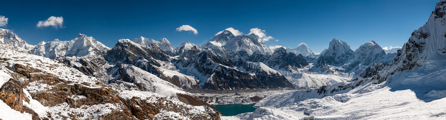 Panorama of the Khumbu valley in Nepal wity Everest and Makalu