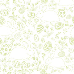 Easter egg, bunny seamless pattern. Floral holiday background.