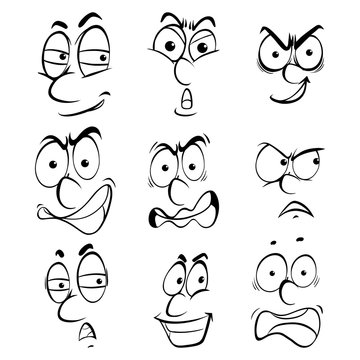 Nine facial expressions on white background