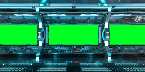 Naklejka premium Wnętrze statku kosmicznego z widokiem na zielone okna renderowania 3D