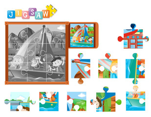 Jigsaw puzzle game with kids sailing boat