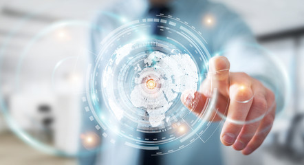 Businessman using hologram screen with digital datas 3D rendering