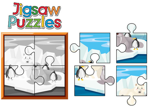 Jigsaw puzzle game with animals in north pole