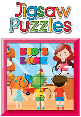 Fototapeta premium Jigsaw puzzle game template with kids in shop