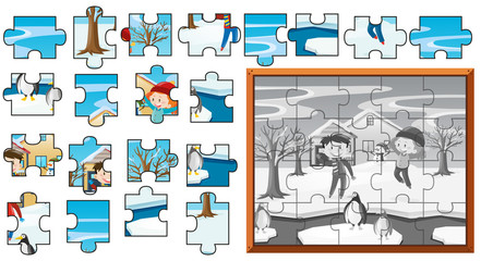 Jigsaw puzzle game template with kids in snow