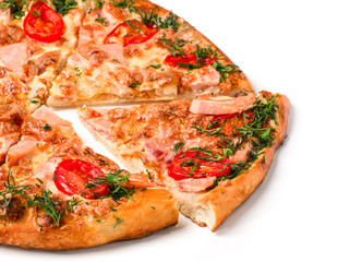 piece of pizza with ham isolated