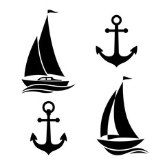 Black sailboat and anchor, isolated icons on white background