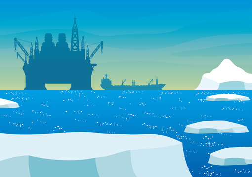 Oil platform and oil tanker in the Arctic.