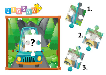 Fototapeta premium Jigsaw puzzle game with boy driving car