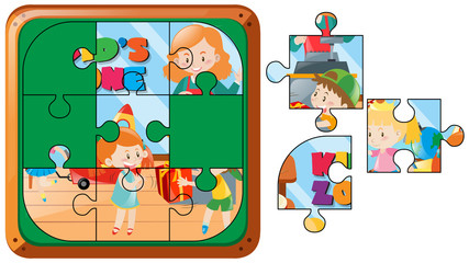 Jigsaw puzzle game with kids in room
