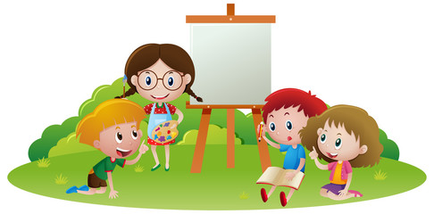 Kids painting and writing in garden