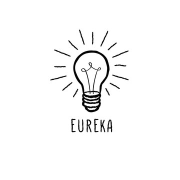 Lamp bulb isolated over white background with handwritten lettering EUREKA