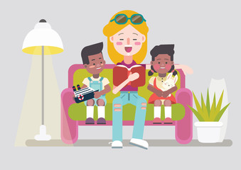 Teen girl babysitter reads to infants