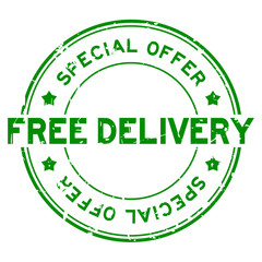 Grunge green special offer free delivery round rubber seal stamp on white background