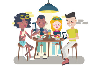 Devices and social media addiction. Wifi restaurant. Teens chatting and making selfie at restaurant