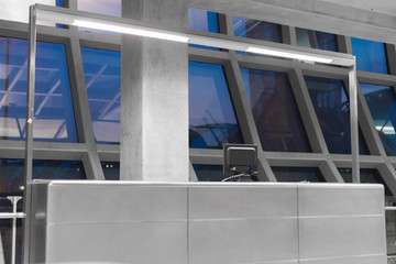 Reception desk at the airport in selective focus.
