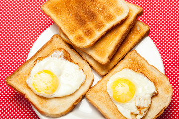 Toasts and eggs on a plate on a red table