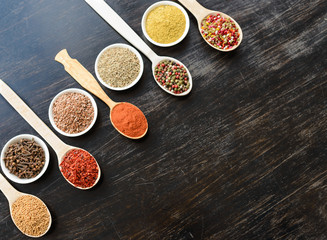 Various spices on wooden spoons. Food ingredients
