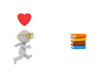 3D Character is in love with reading and is running after a stack of books