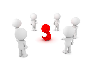 Image with 3d character in the middle being bullied and harrased by the ones around him