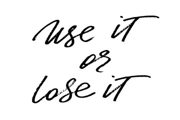 Use it or lose it. Handwritten black text on white background, vector. The words are on the different layers