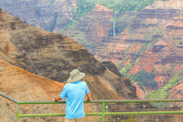 A man enjoying the beautiful views of the Waimea Canyon lookout, Kauai island, Hawaii