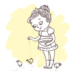 Little cute girl feeding chickens. Hand-drawn contour for children coloring.