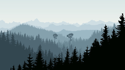 Obraz premium Horizontal illustration of morning mist in forest hills.