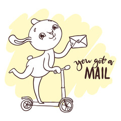Cute little bunny with letter on scooter. Inscription: you got a mail.  Hand-drawn contour for children coloring.