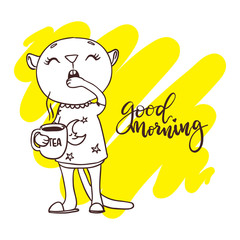 Cute little kitten with cup of tea. Inscription: good morning. Hand-drawn contour for children coloring.