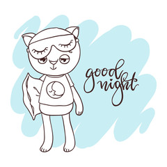 Cute little kitty. Inscription: good night. Hand-drawn contour for children coloring.