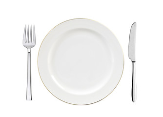white plate, knife and fork isolated on white