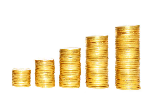 Savings, increasing columns of gold coins over white background