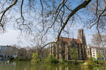 Obraz premium Feuersee Stuttgart Germany Europe Cathedral Religious Old Architecture Destination Visit Travel City Buildings Park Pond