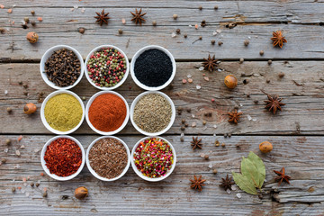 Various spices on wooden spoons. Food ingredients