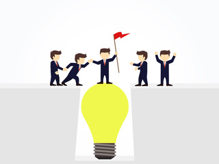 Cartoon working little people cross the abyss with idea. Vector illustration for business design and infographic.