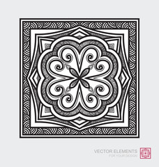 Floral abstract ornament of square shape. Decorative monochrome tile design,  Vector graphic elements. Modernist Minimalist Art.