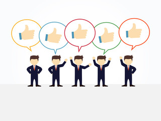 Cartoon working little people with like signs. Vector illustration for business design and infographic.