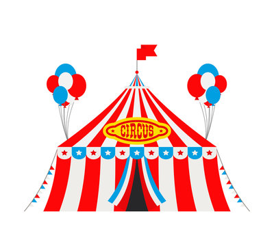 circus tent with flags and balloons on white background
