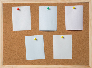 paper note pin on cork board. Blank notes for add text message.