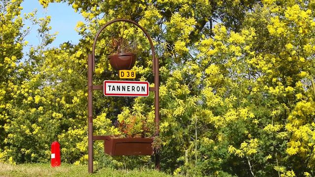 Road sign of Tanneron, small town in Provence-Alpes-C&ocirc;te d'Azur, France. Part of Road of mimosa.