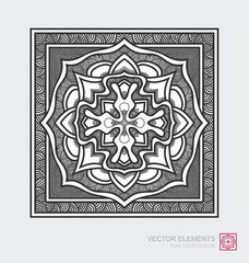 Floral abstract ornament of square shape. Decorative monochrome tile design,  Vector graphic elements. Modernist Minimalist Art.