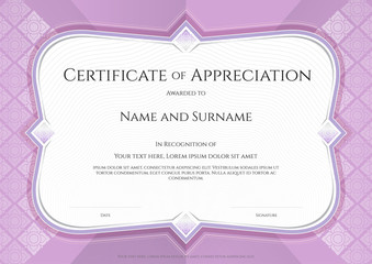 Certificate of appreciation template in vector with applied Thai art background, purple color